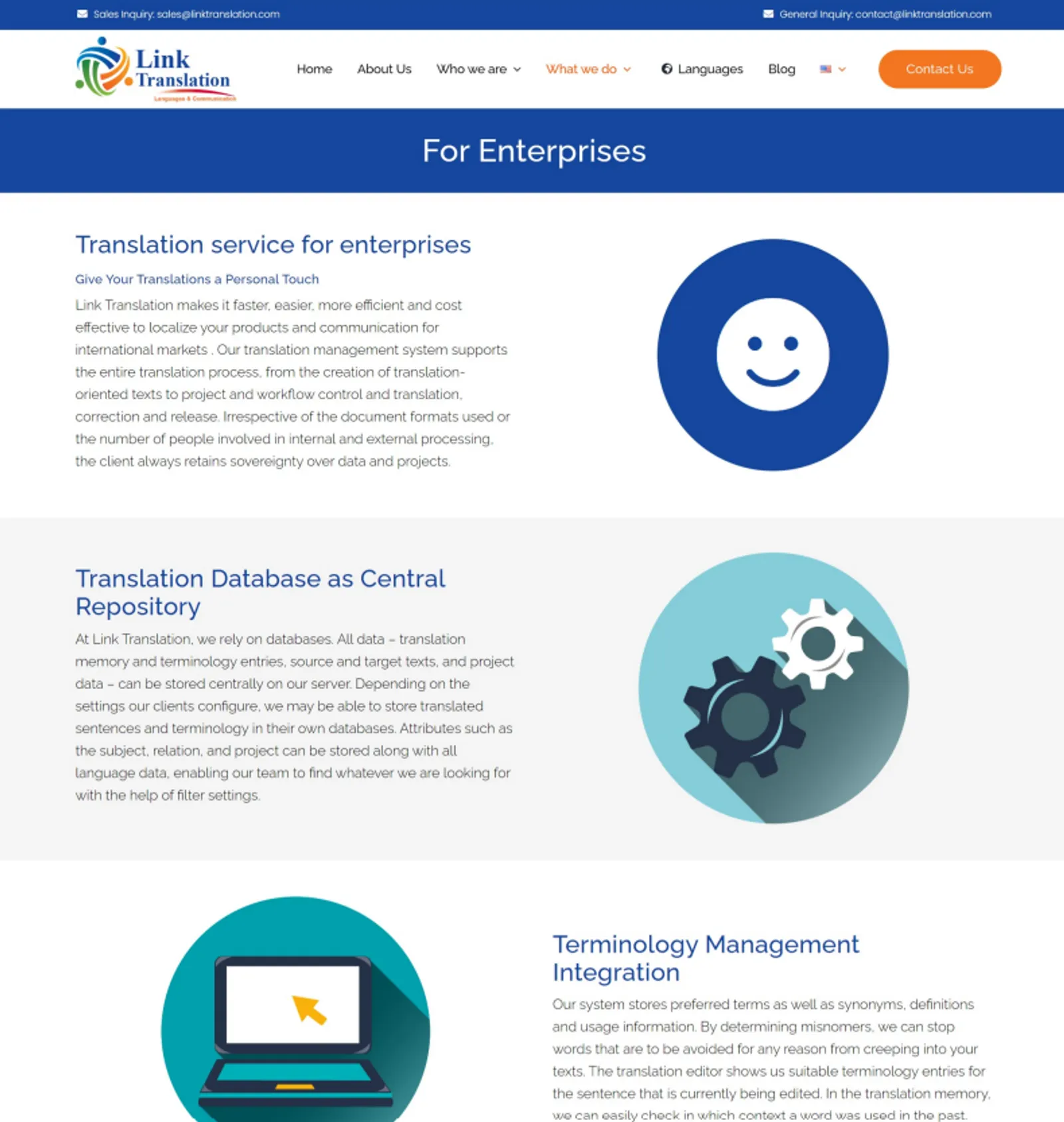 Site anterior da LinkTranslation: página institucional com ilustrações genéricas e sem hierarquia