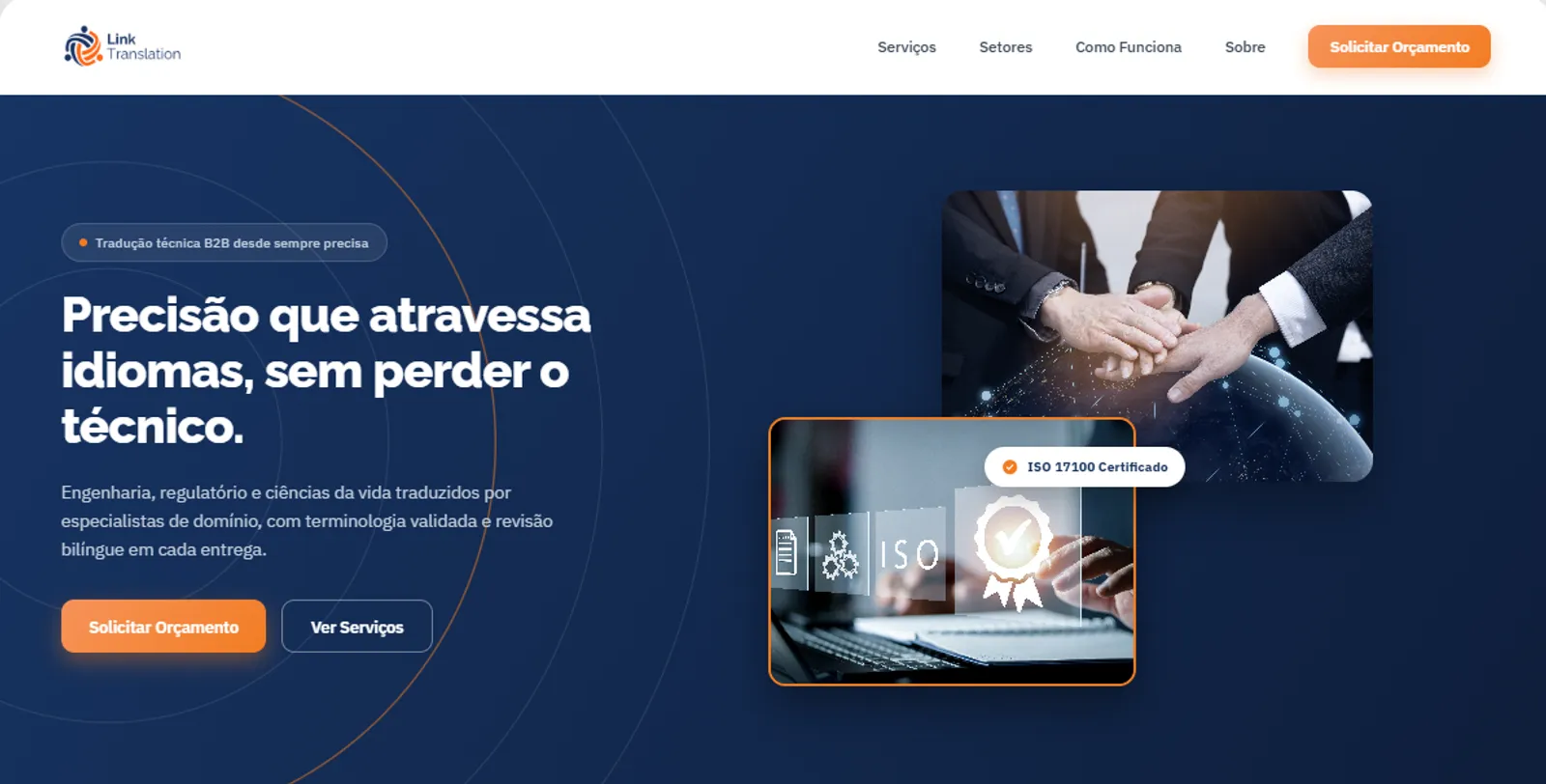 Nova home da LinkTranslation com hero escuro e selo de certificação ISO 17100