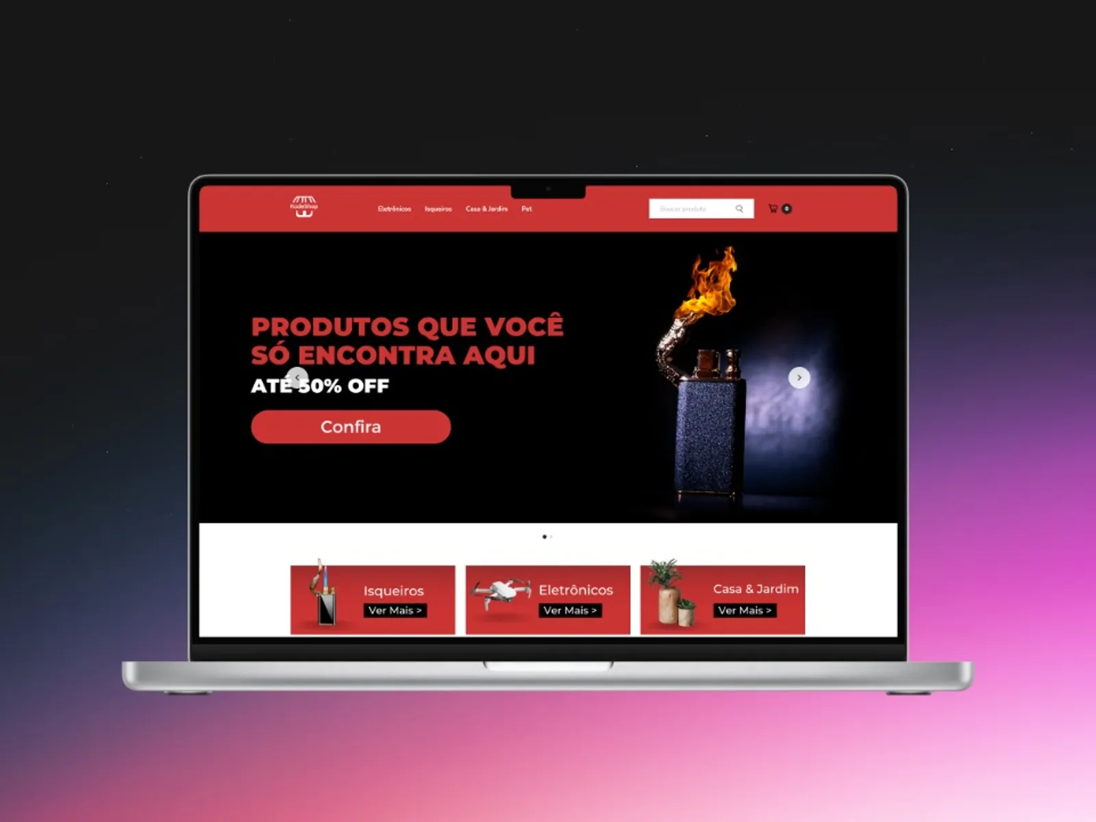 Home da KodeShop com banner principal e categorias em destaque