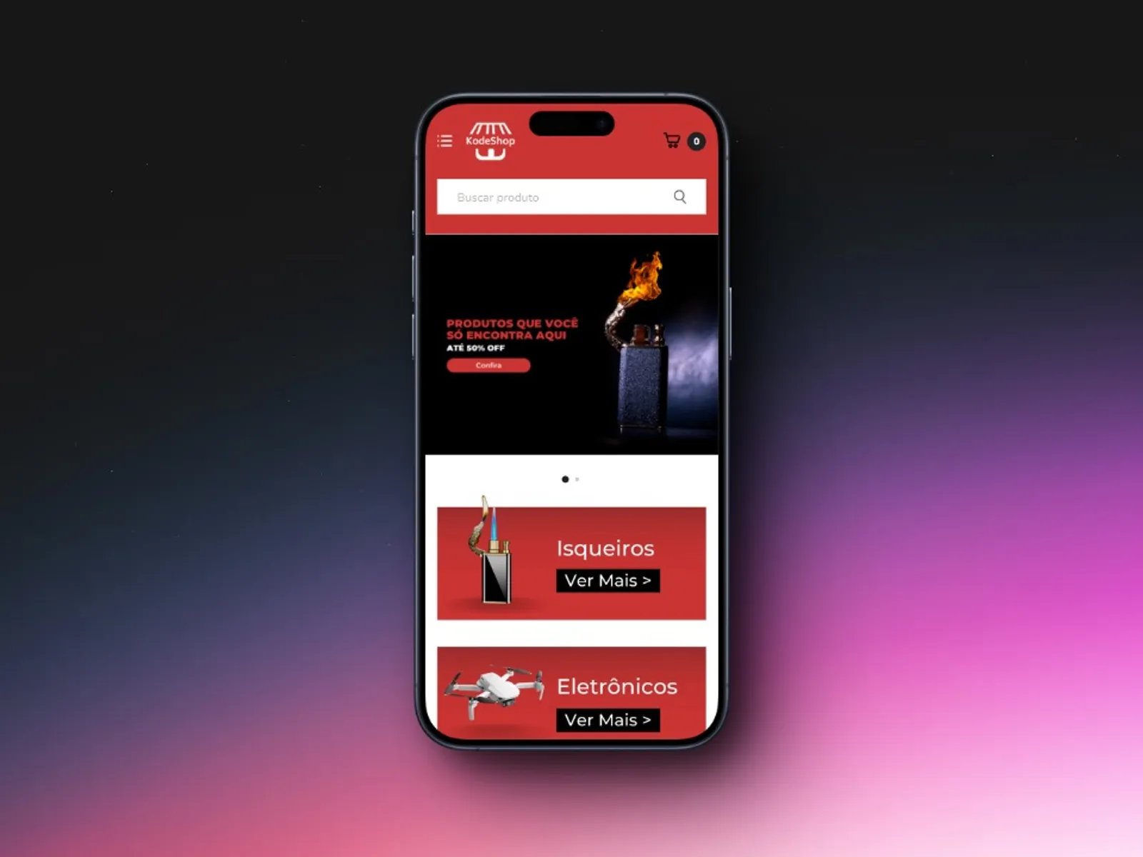 Versão mobile da KodeShop com busca, banner e categorias empilhadas