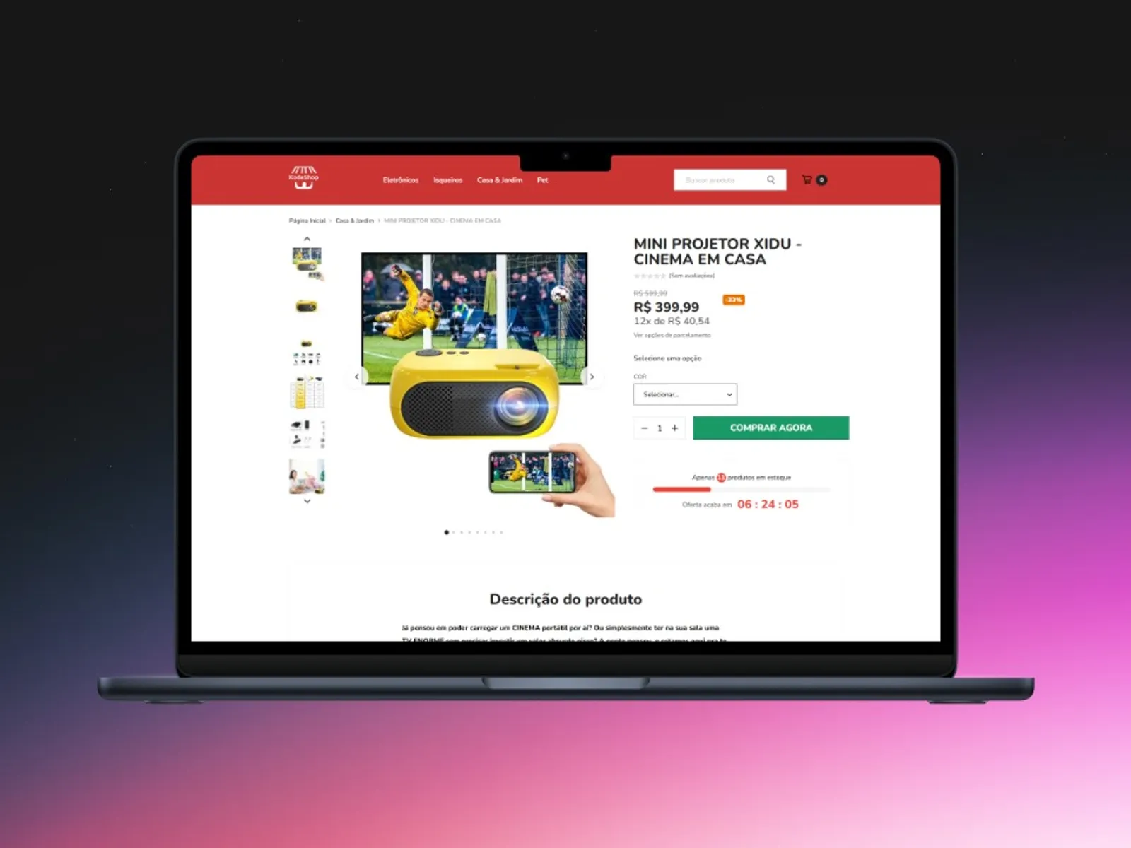 Página de produto da KodeShop com preço, parcelamento e botão de compra em destaque