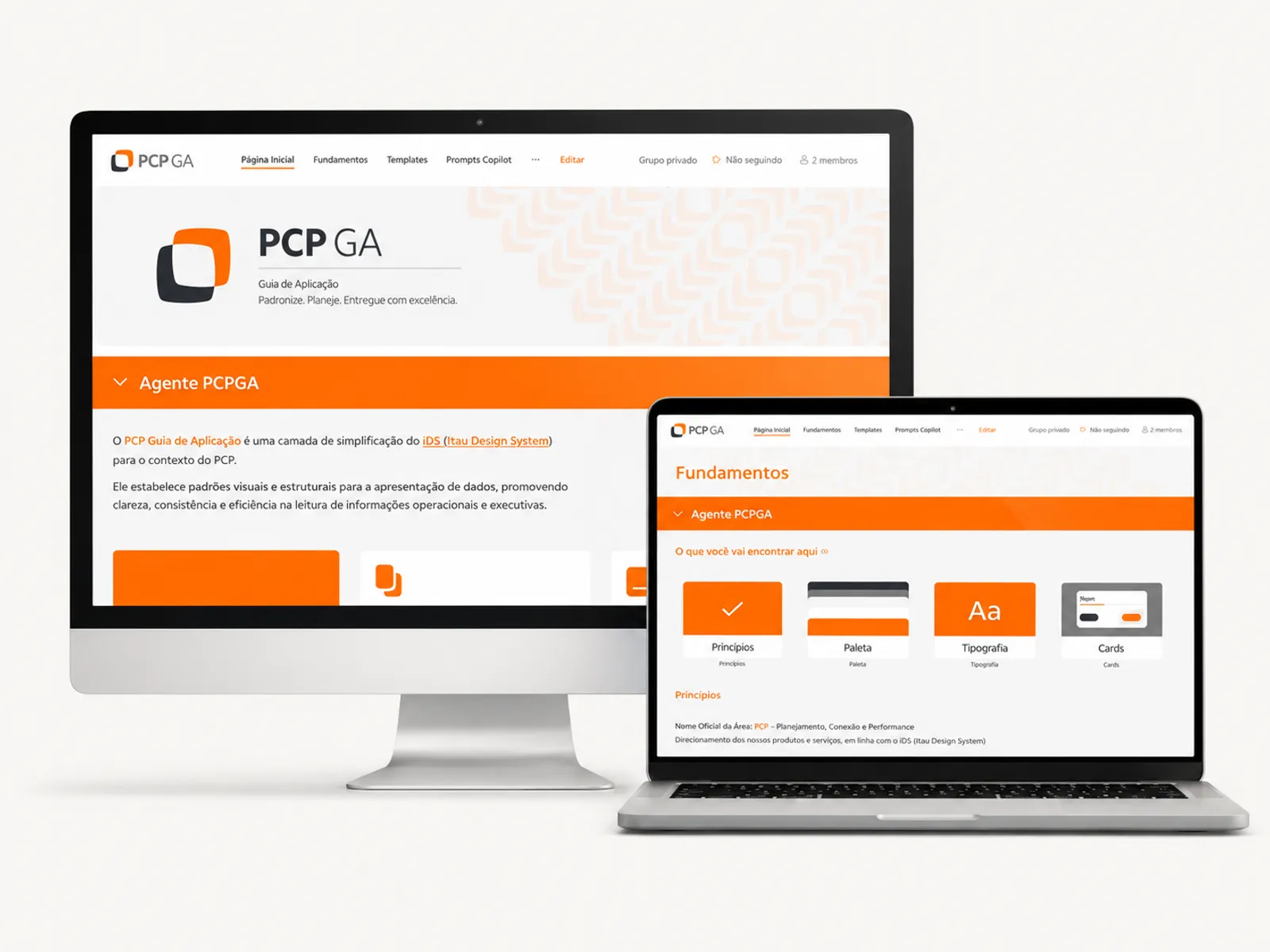 Site do PCP Guia de Aplicação em SharePoint, com seções de fundamentos, princípios, paleta, tipografia e cards